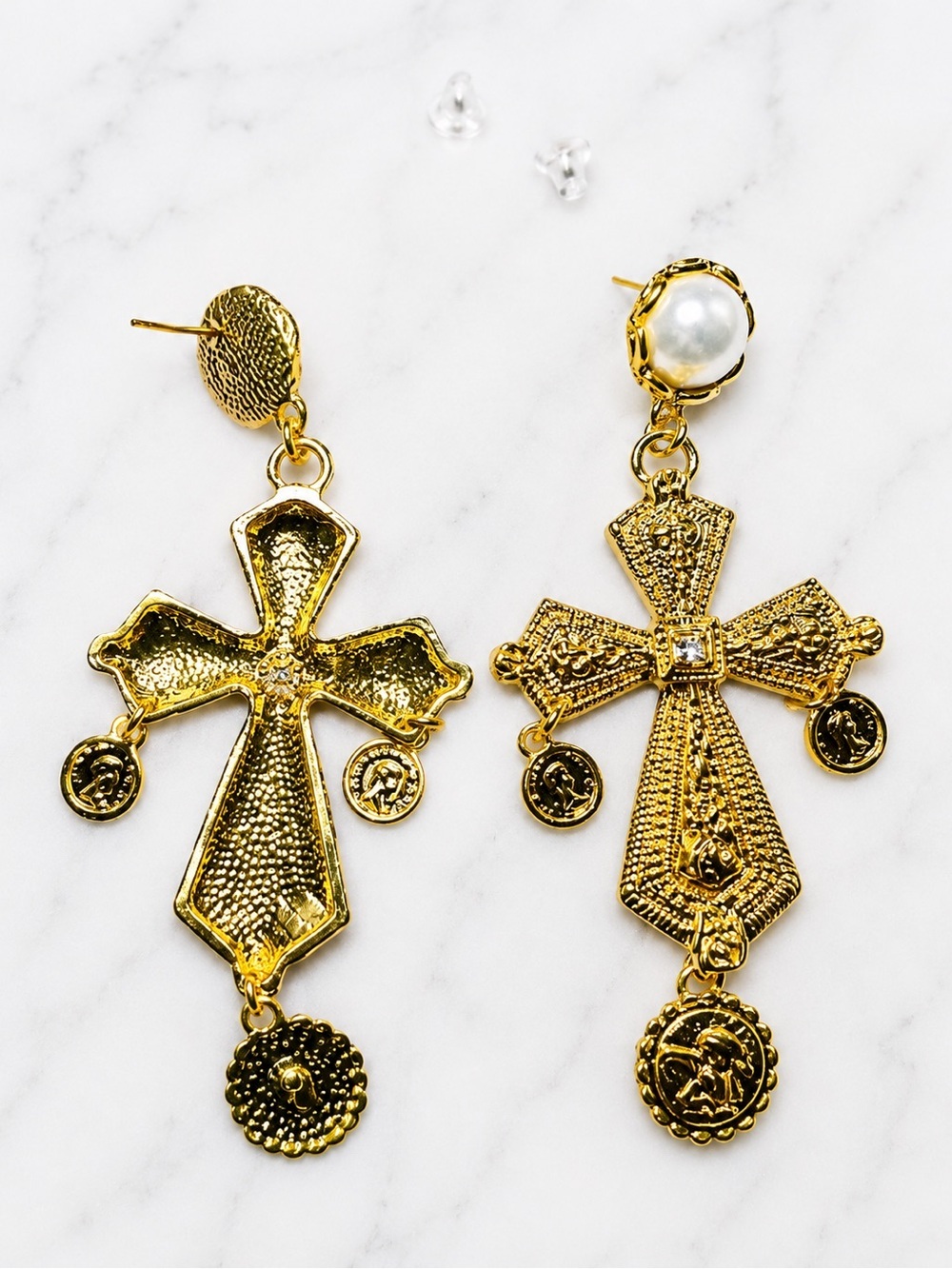 Vintage Palace Style Pearl Cross Drop Earrings – Gold Tone Statement Earrings - Picture 3 of 6